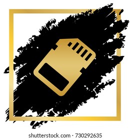 Memory card sign. Vector. Golden icon at black spot inside golden frame on white background.