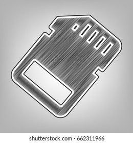 Memory card sign. Vector. Pencil sketch imitation. Dark gray scribble icon with dark gray outer contour at gray background.