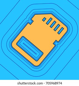 Memory card sign. Vector. Sand color icon with black contour and equidistant blue contours like field at sky blue background. Like waves on map - island in ocean or sea.
