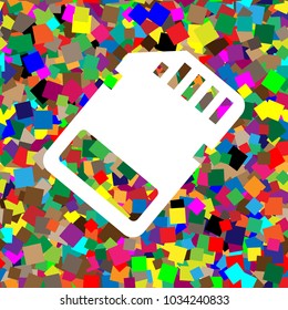 Memory card sign. Vector. White icon on colorful background with seamless pattern from squares.