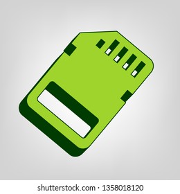 Memory card sign. Vector. Yellow green solid icon with dark green external body at light colored background.