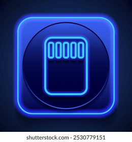 Memory card simple icon. Flat design. Blue neon style on button. With shadow.ai