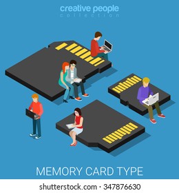 Memory card type size flat 3d isometry isometric data storage concept web vector illustration. Micro people standing on classic SD, mini and micro security digital MMC. Creative people collection.