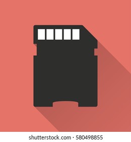 Memory card vector icon with long shadow. Illustration isolated on red background for graphic and web design.
