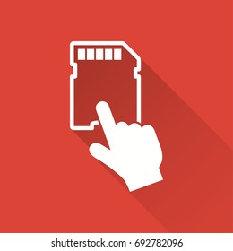 Memory card vector icon with long shadow. White illustration isolated on red background for graphic and web design.