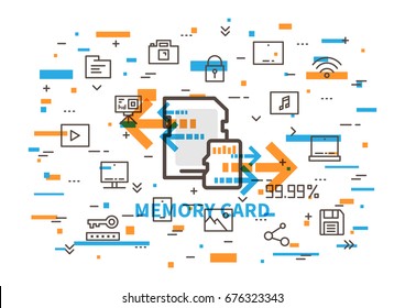 Memory card vector illustration with colorful elements. Sd and micro sd cards with elements (photocamera, action camera, desktop, laptop, smartphone, tablet, cloud storage, save, etc) line art.