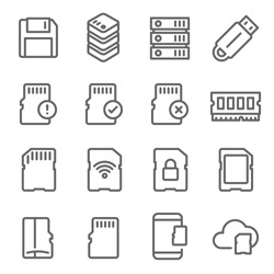 Memory Card Vector Line Icon Set. Contains Such Icons As Thumb Drive, Wifi SD Card, Database, Ram, Cloud And More. Expanded Stroke