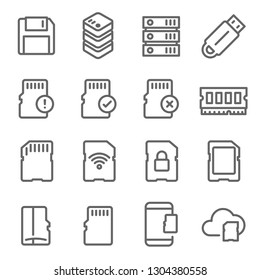 Memory Card Vector Line Icon Set. Contains such Icons as Thumb drive, Wifi SD Card, Database, Ram, Cloud and more. Expanded Stroke