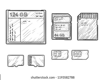 Memory cards illustration, drawing, engraving, ink, line art, vector