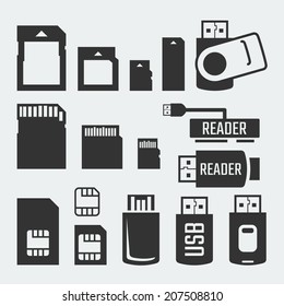 Memory cards, sticks, readers and SIM cards vector silhouettes