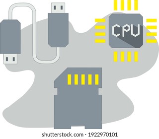 memory card,usb wire connection, computer hardware, central processing unit symbol, latest technology concept sign with a slight gray pattern background simple