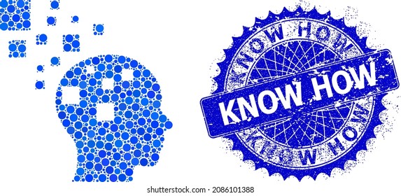 Memory compilation vector collage of dots in various sizes and blue color tinges, and textured Know How badge. Blue round sharp rosette stamp seal has Know How tag inside.
