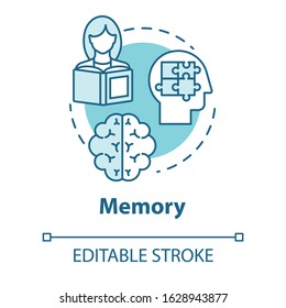 Memory concept icon. Receiving and storing information. Exam preparation. Brain informational processing system idea thin line illustration. Vector isolated outline RGB color drawing. Editable stroke