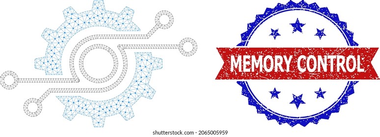 Memory Control rubber stamp, and gear chip icon mesh structure. Red and blue bicolor seal has Memory Control text inside ribbon and rosette. Abstract 2d mesh gear chip, designed with flat mesh.