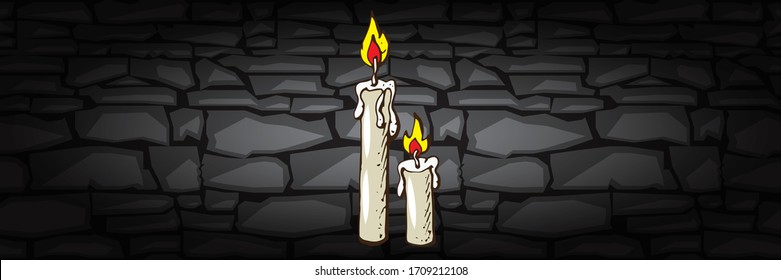 Memory day, banner dark Background texture Stone black Wall, burning candles vector illustration