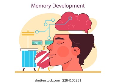 Memory development as a positive effect of playing drums. Male character' creative hobby. Drummer learning new rhythm or song practising playing musical instrument. Flat vector illustration