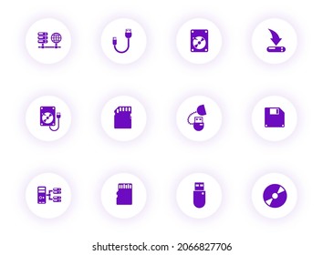 memory drives purple color vector icons on light round buttons with purple shadow. memory drives icon set for web, mobile apps, ui design and print