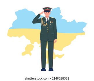 Memory of fallen Ukrainian soldiers 2D vector isolated illustration. Officer and country map flat character on cartoon background. Honor colourful scene for mobile, website, presentation