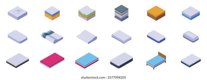 Memory foam icons set. Isometric mattress icons showing different materials and bedding accessories for comfortable sleep and healthy spine