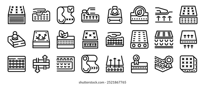 Ícones de espuma de memória definidos. Este conjunto de ícones mostra diferentes tipos de colchões com características como respirabilidade, firmeza e alívio de pressão