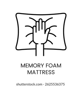 Memory foam pillow icon with hand imprint symbolizing pressure relief and body contour support used in ergonomic sleep branding line icon in vector with editable stroke.