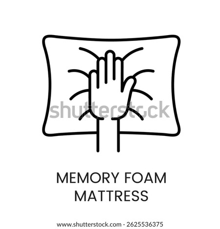 Memory foam pillow icon with hand imprint symbolizing pressure relief and body contour support used in ergonomic sleep branding line icon in vector with editable stroke.