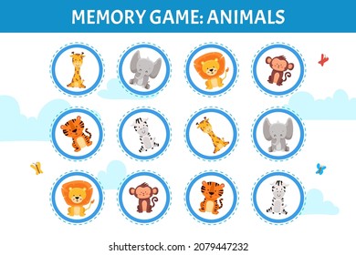 Memory game with animals for kindergarten and preschool children, Playing cards with african animals. Find two identical picture. Educational activity. Vector cartoon illustration 