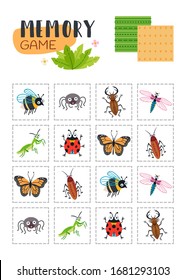 Memory game with cartoon beetles. Kids learning collection. Find two identical pictures. The task for the development of logical thinking. Preschool worksheet activity.