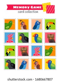 Memory game with cartoon birds. Kids learning collection. Find two identical pictures. The task for the development of logical thinking. Preschool worksheet activity.