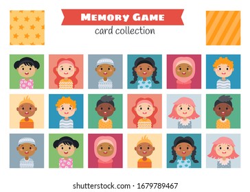 Memory game with cartoon children characters. Kids learning collection. Find two identical pictures. The task for the development of logical thinking. Preschool worksheet activity.