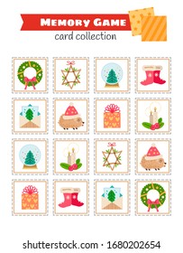 Memory game with cartoon Christmas decor. Kids learning collection. Find two identical pictures. The task for the development of logical thinking. Preschool worksheet activity.