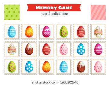 Memory game with cartoon Easter egg. Kids learning collection. Find two identical pictures. The task for the development of logical thinking. Preschool worksheet activity.