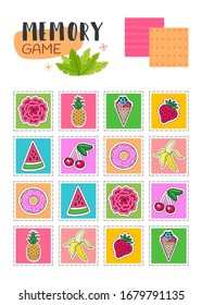 Memory game with cartoon elements in Pop Art Style. Kids learning collection. Find two identical pictures. The task for the development of logical thinking. Preschool worksheet activity.