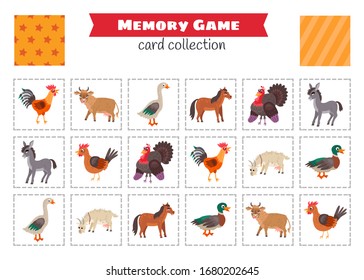 Memory game with cartoon farm animals. Kids learning collection. Find two identical pictures. The task for the development of logical thinking. Preschool worksheet activity.