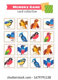 Memory game with cartoon forest birds. Kids learning collection. Find two identical pictures. The task for the development of logical thinking. Preschool worksheet activity.