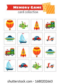 Memory game and cartoon toy transport  Kids learning collection  Find two identical pictures  The task for the development logical thinking  Preschool worksheet activity 