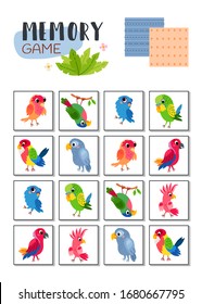 Juego de memoria con loros tropicales de dibujos animados. Colección de aprendizaje infantil. Encuentra dos imágenes idénticas. La tarea de desarrollar el pensamiento lógico. Actividad de la hoja de cálculo preescolar.