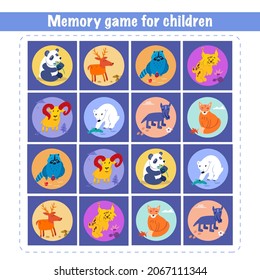 Memory game for children. Animals on cards. Activity, vector.