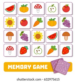 Memory Game For Children, Cards With Fruits And Vegetables