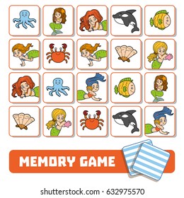 Memory Game For Children, Cards With Mermaids And Fishes