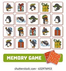 Memory game for children, cards with penguins and Christmas gifts