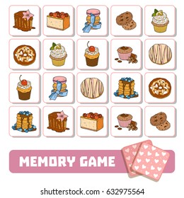 Memory game for children, cards with sweets and cakes