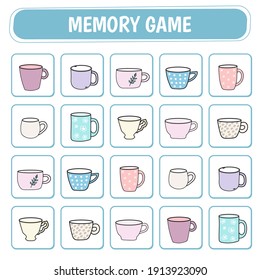 Memory game for children. Educational game with cards with cups. Vector illustration.
