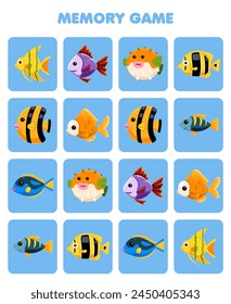 Memory game for children find similar pictures of cute cartoon fish printable pet worksheet