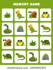 Juego de memoria para los niños encontrar imágenes similares de dibujos animados lindo animal verde imprimible hoja de trabajo para mascotas