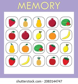 Memory game for children. The set includes cards with  fruits and berries. Cut and look for paired pictures