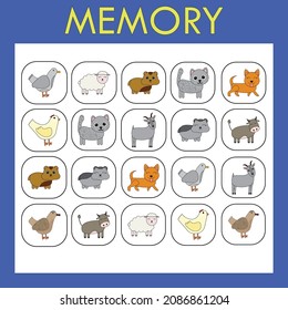 Memory game for children. The set includes cards with  pets. Cut and look for paired pictures