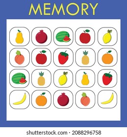 Juego de memoria para niños. El conjunto incluye cartas con frutas y bayas. Cortar y buscar imágenes emparejadas