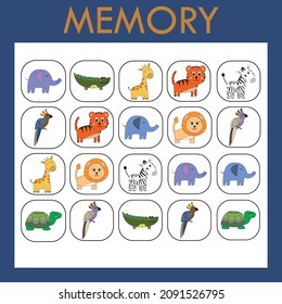 Memory game for children. The set includes cards with   cute animals . Cut and look for paired pictures