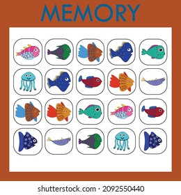 Memory game for children. The set includes cards with   cute fishes . Cut and look for paired pictures